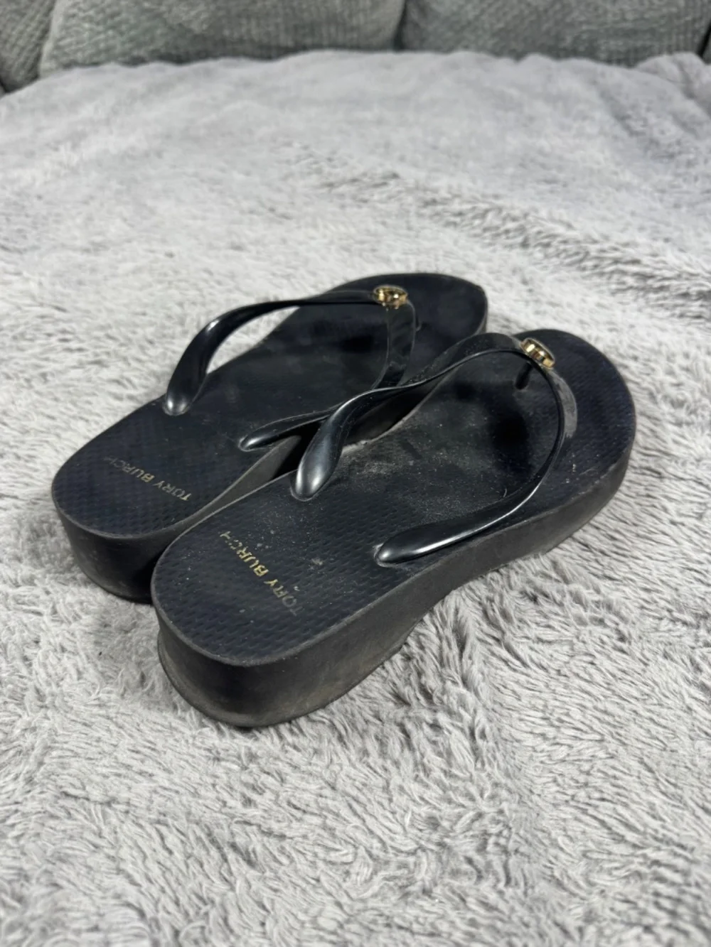 Tory Burch Flip Flop Sandals Women's Size 8 Black Logo Wedge Platform Thong